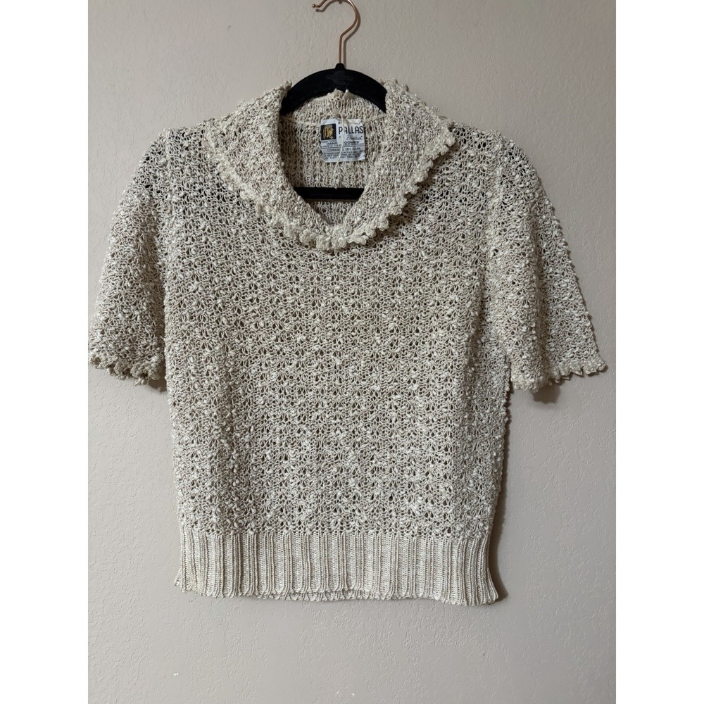 Pallas Product Irish Linen Hand Loomed Crochet Sweater Top Cream Shawl Collar S